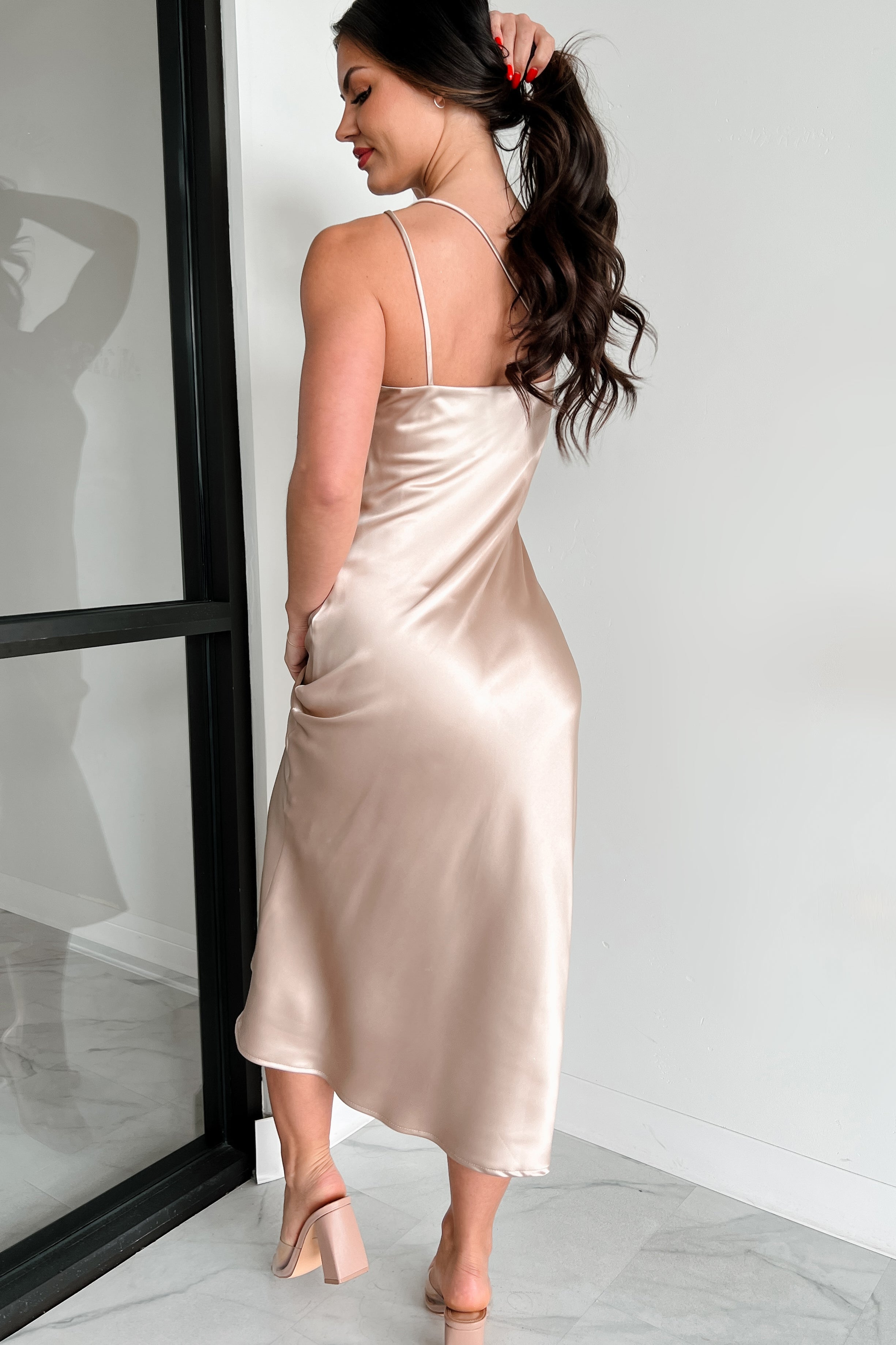 DOORBUSTER Metallic Moment Asymmetric Satin Midi Dress (Taupe) - NanaMacs