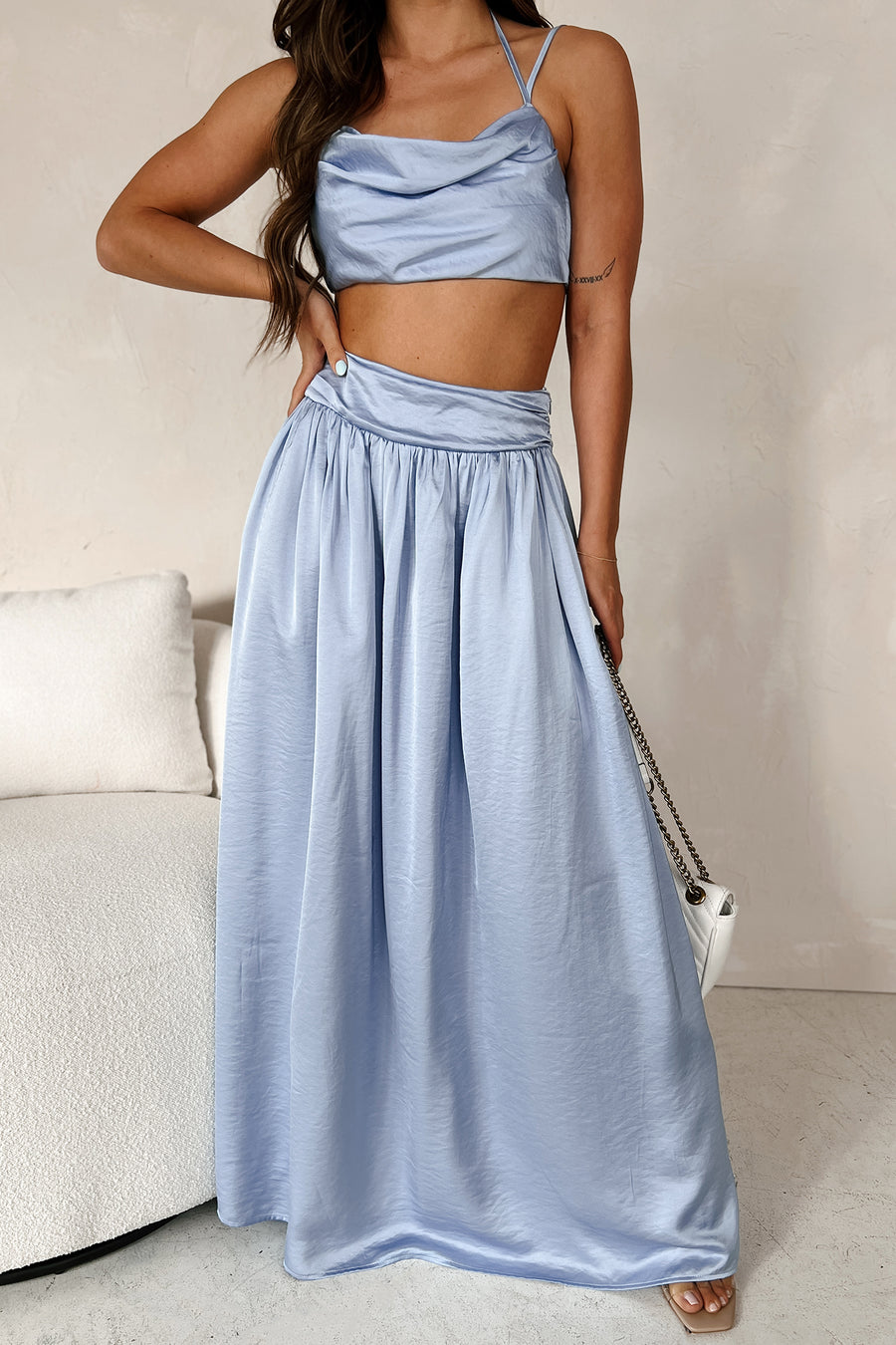 Sophisticated Beauty Satin Two-Piece Skirt Set (Light Blue) - NanaMacs