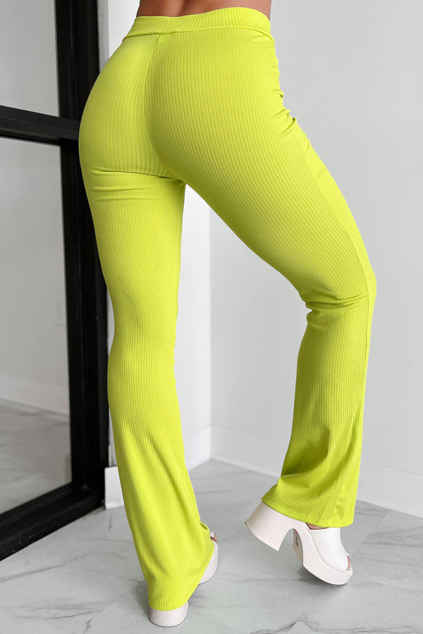 No Worries In Sight Ribbed Flare Leggings (Lime) - NanaMacs