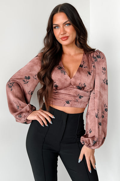 Just Say When Satin Floral Long Sleeve Top (Brown) - NanaMacs