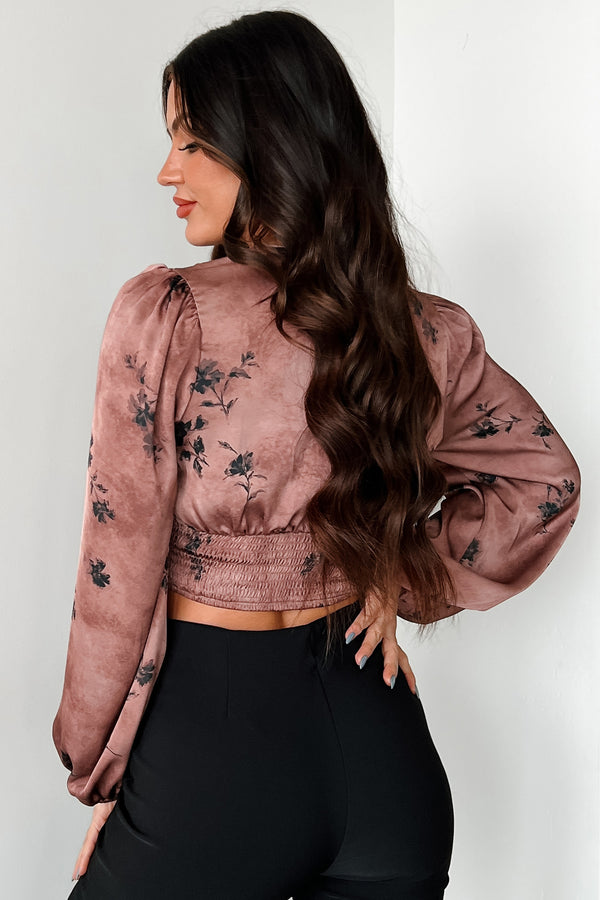 Just Say When Satin Floral Long Sleeve Top (Brown) - NanaMacs