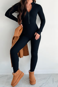 Lowkey And Loving It Zip Front Ribbed Jumpsuit (Black) - NanaMacs