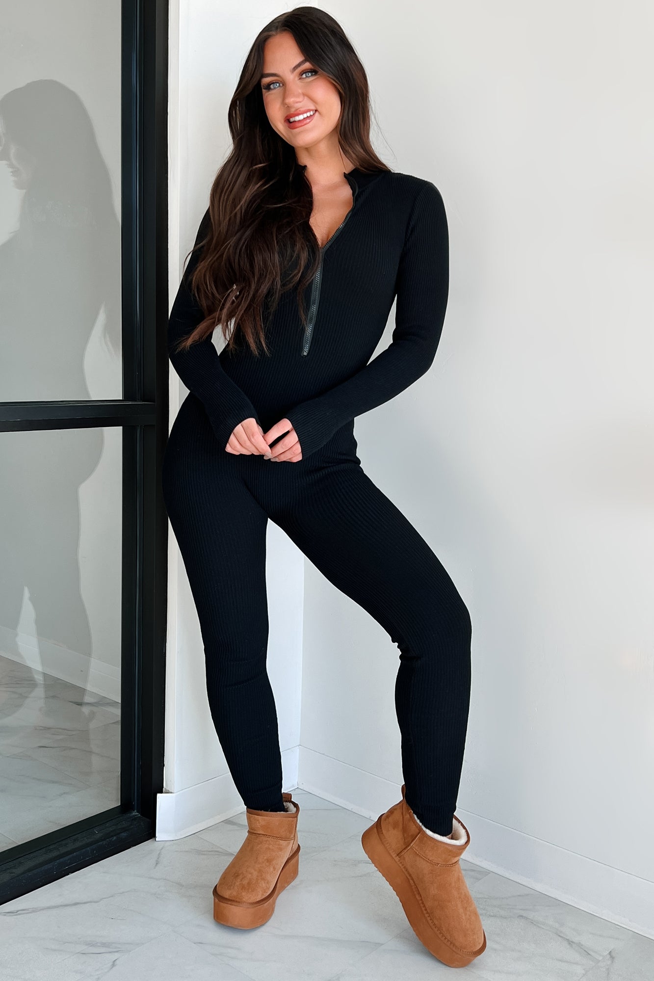 Lowkey And Loving It Zip Front Ribbed Jumpsuit (Black) - NanaMacs