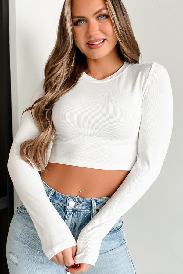 Lolani Ribbed Long Sleeve Crop Top (White) - NanaMacs