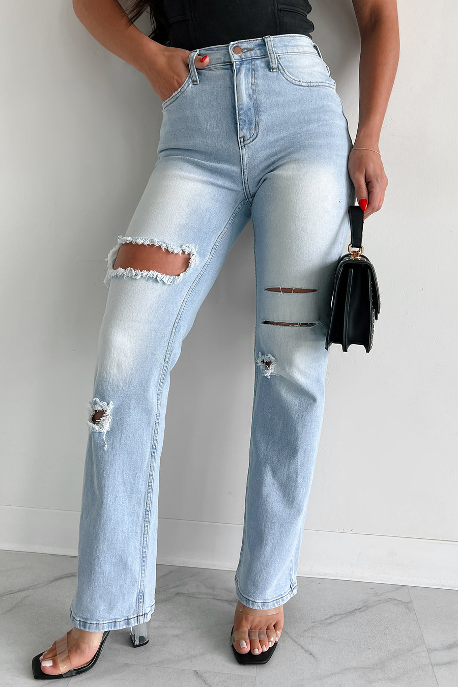 Only Good Days High Rise Distressed Wide Leg Jeans (Light)