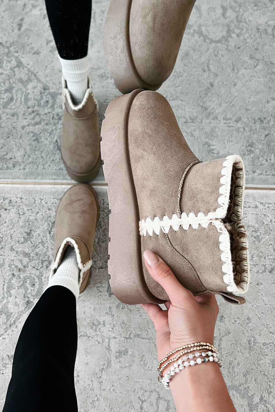 Feeling The Chill Stitch Trim Platform Booties (Oat) - NanaMacs