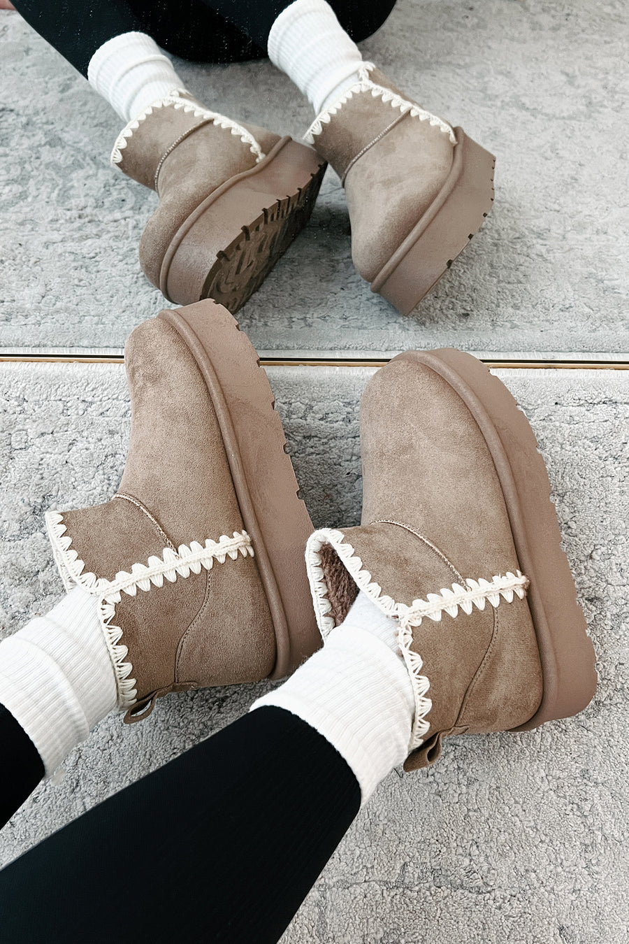 Feeling The Chill Stitch Trim Platform Booties (Oat) - NanaMacs