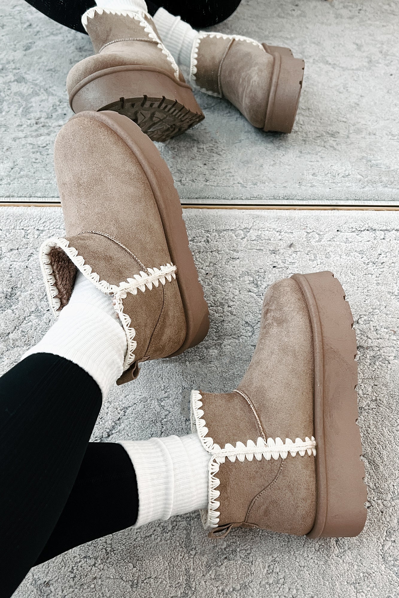 Feeling The Chill Stitch Trim Platform Booties (Oat) - NanaMacs