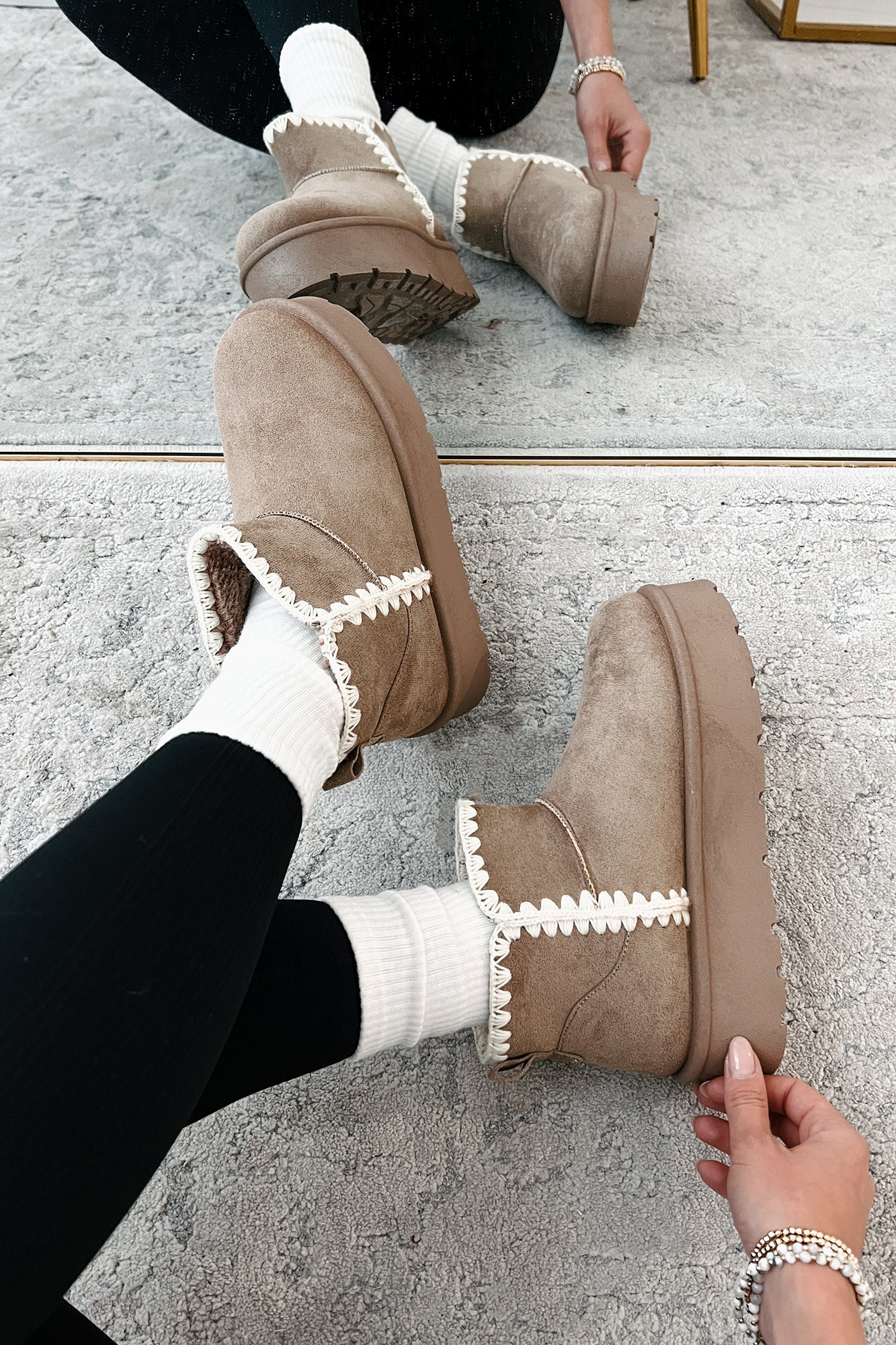 Feeling The Chill Stitch Trim Platform Booties (Oat) - NanaMacs