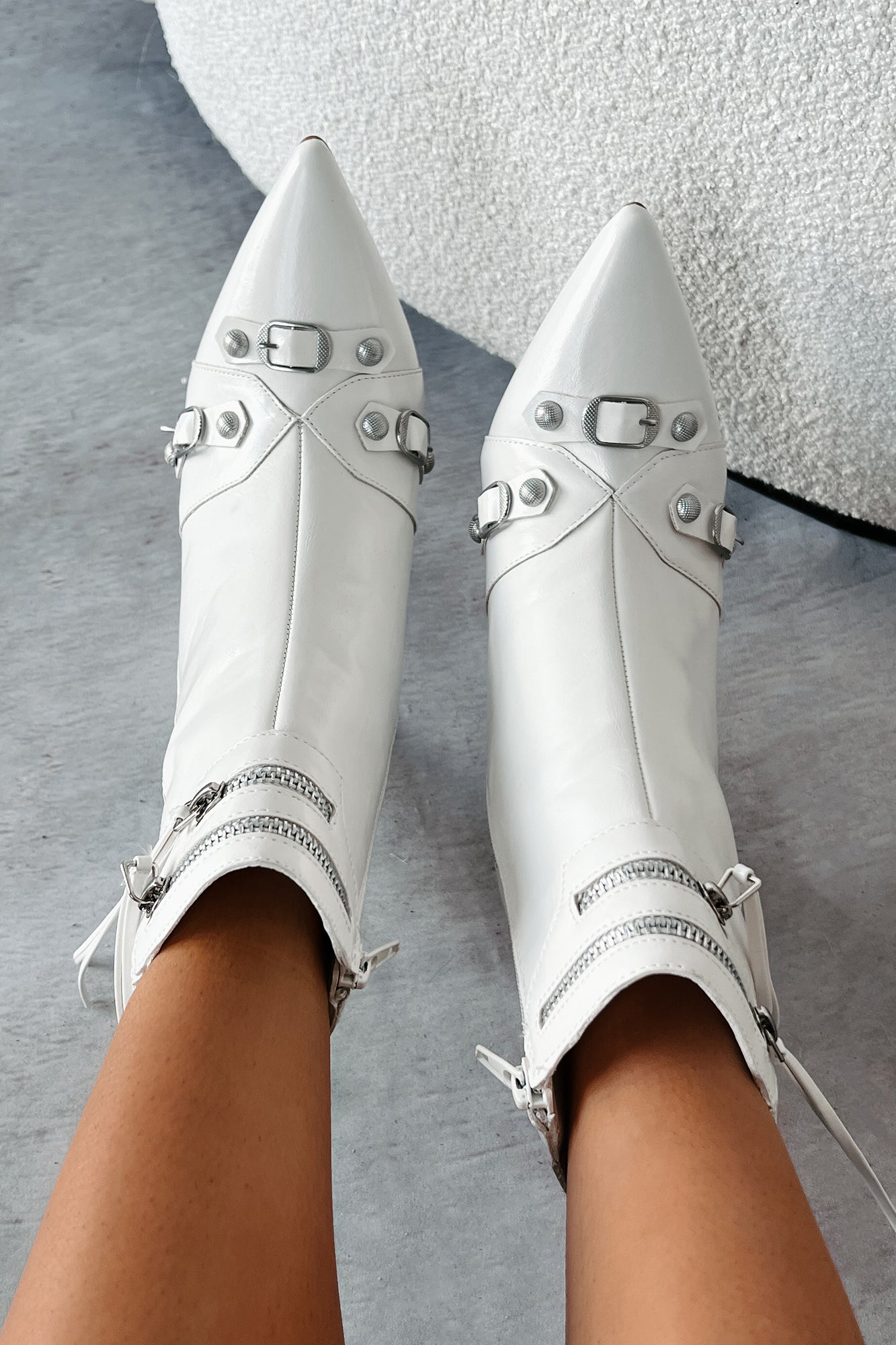 Never Off Limits Pointed Toe Stiletto Booties (White) - NanaMacs