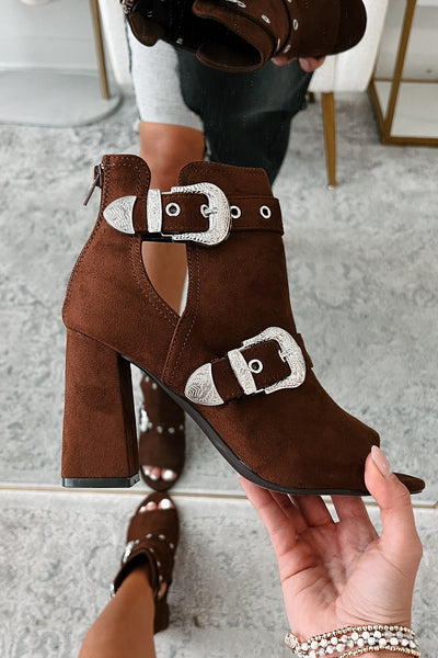 Hugo Open Toe Western Buckle Ankle Booties (Brown) - NanaMacs