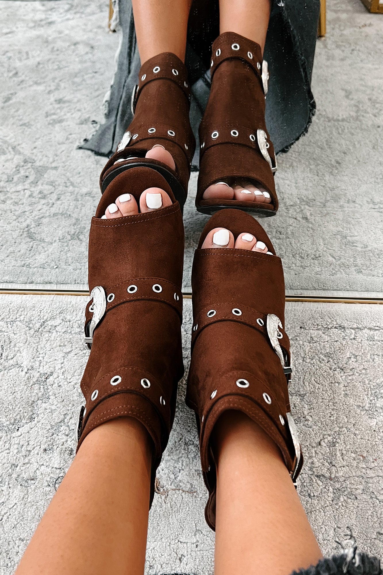 Hugo Open Toe Western Buckle Ankle Booties (Brown) - NanaMacs