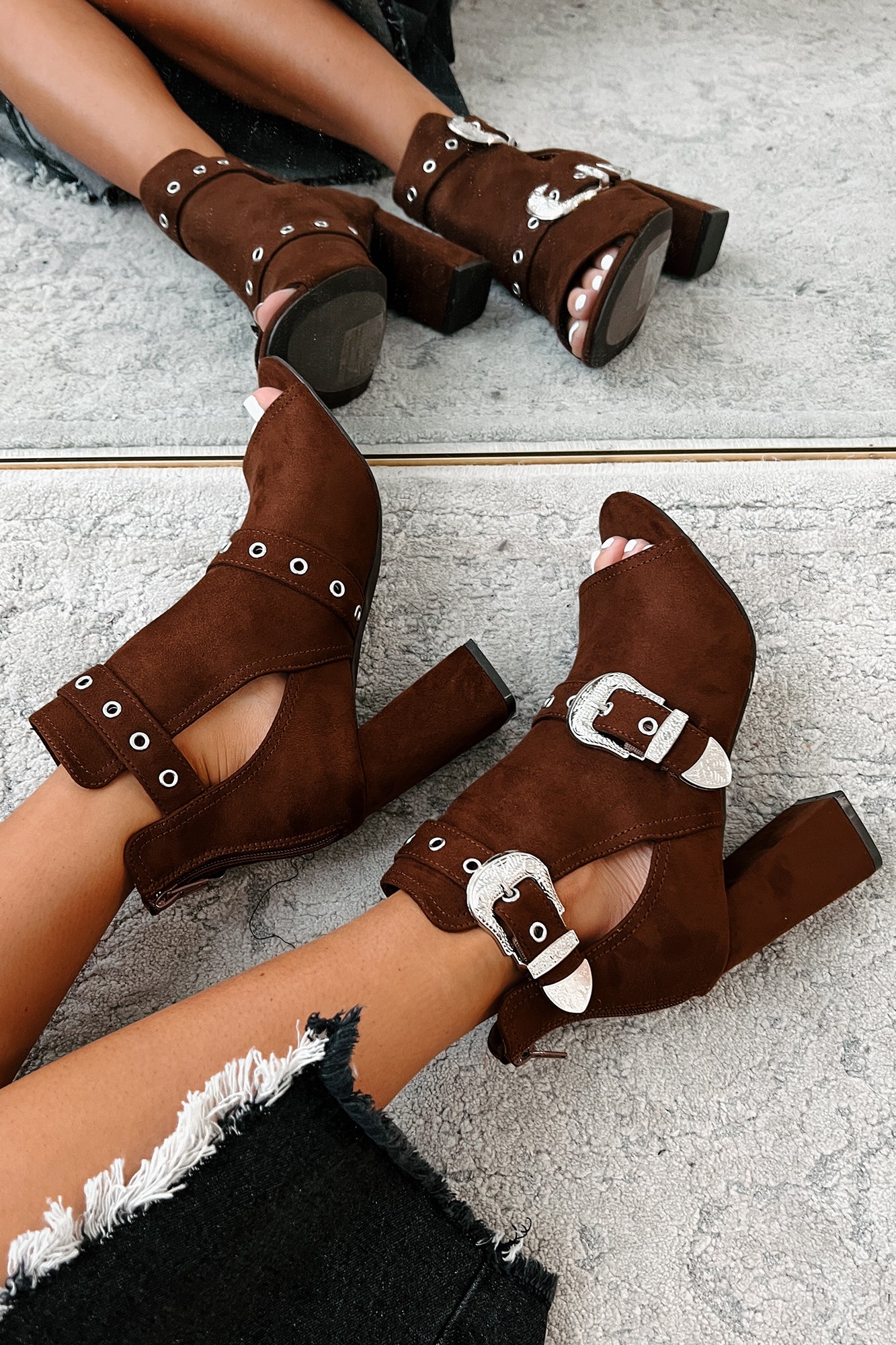 Hugo Open Toe Western Buckle Ankle Booties (Brown) - NanaMacs