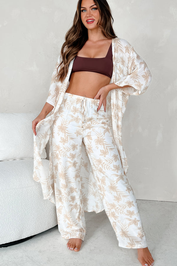 Happy In Hawaii Floral Kimono & Pant Set (Taupe) - NanaMacs