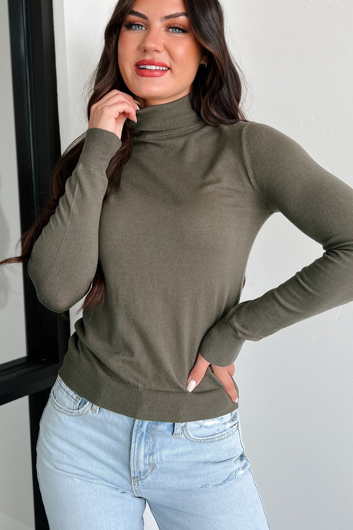 Conceptually Chic Long Sleeve Turtleneck Top (Olive) - NanaMacs