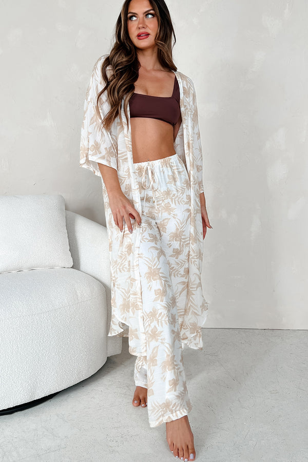 Happy In Hawaii Floral Kimono & Pant Set (Taupe) - NanaMacs