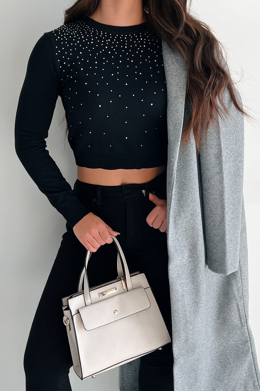 Simple Sparkle Rhinestone Embellished Sweater Top (Black)