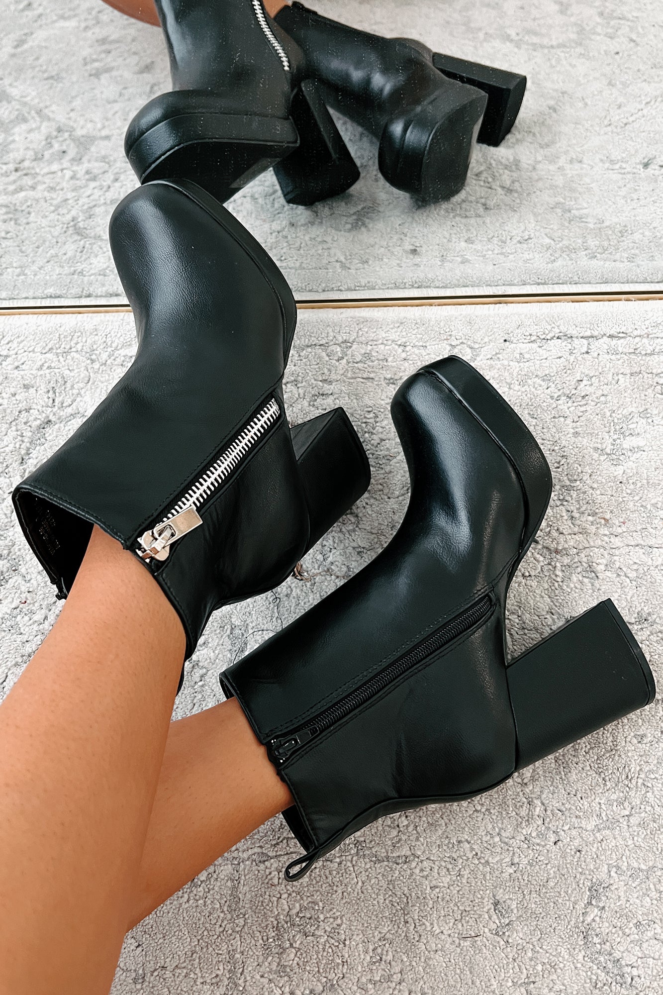 Straight Facts Zipper Detail Platform Booties (Black) - NanaMacs