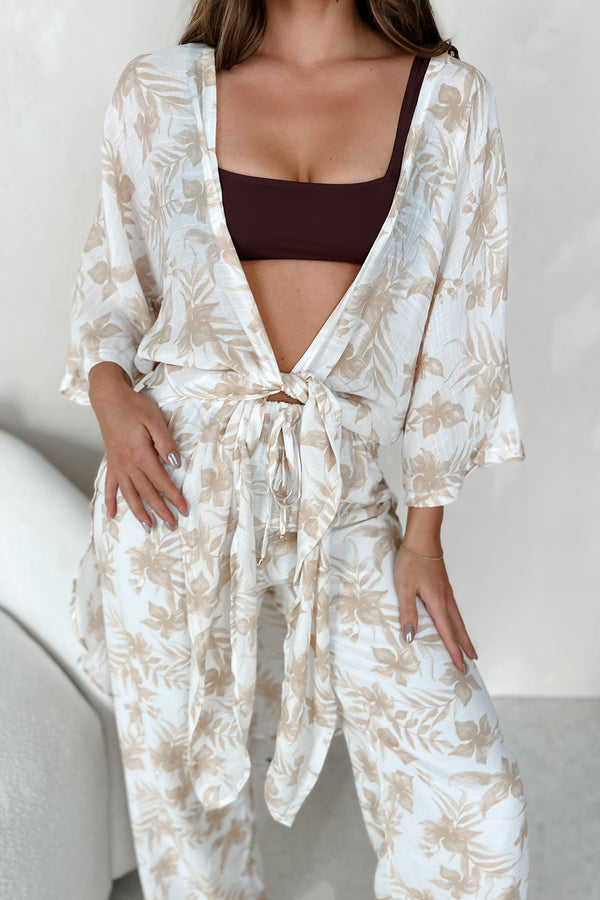 Happy In Hawaii Floral Kimono & Pant Set (Taupe) - NanaMacs