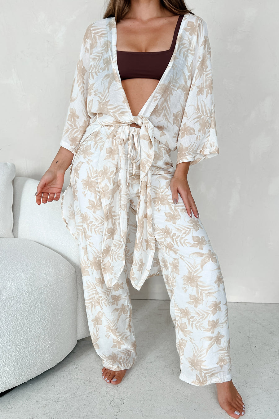 Happy In Hawaii Floral Kimono & Pant Set (Taupe)