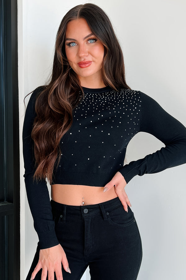 Simple Sparkle Rhinestone Embellished Sweater Top (Black) - NanaMacs