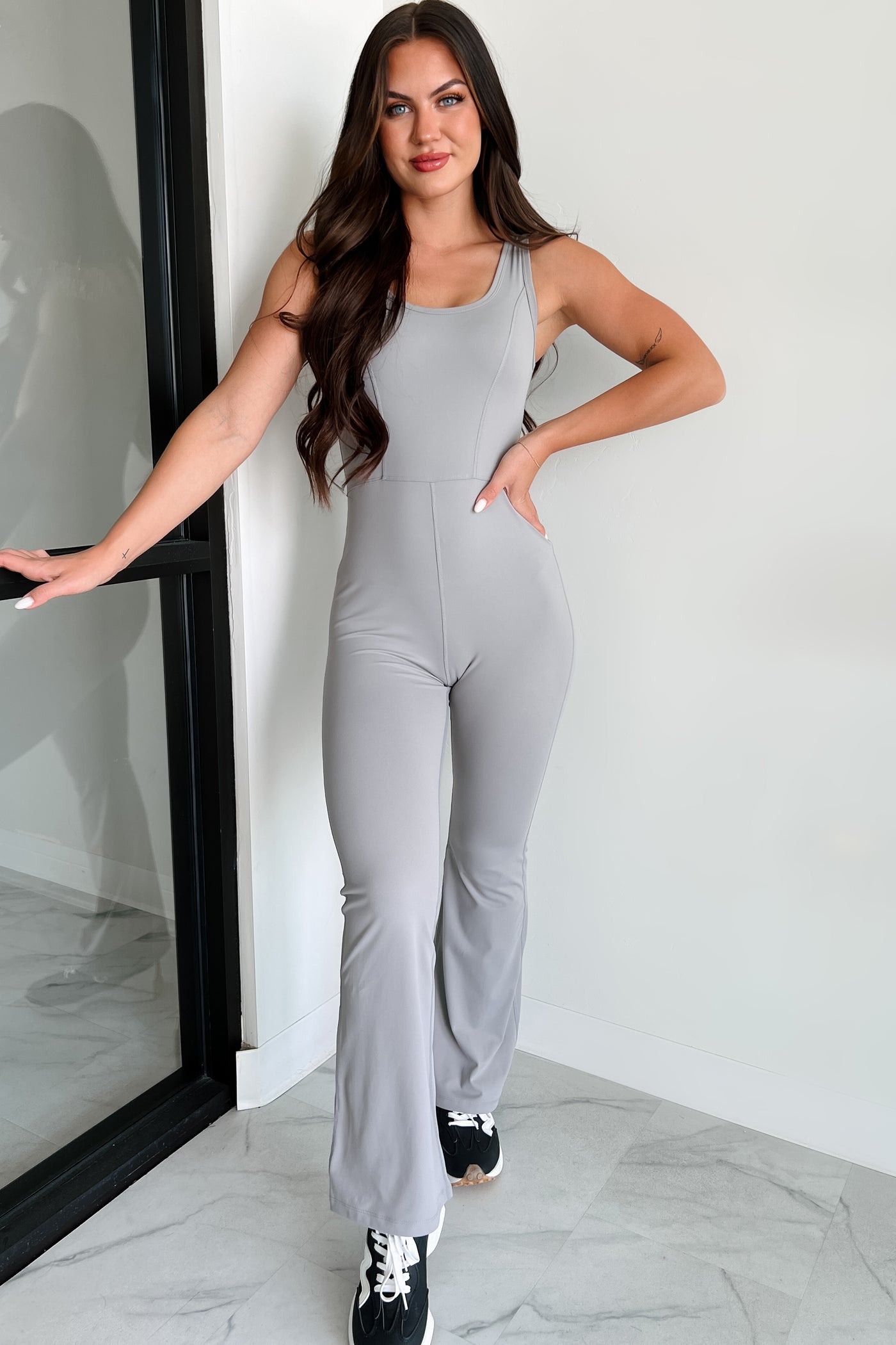 Stand & Deliver Flare Leg Jumpsuit (Cement) - NanaMacs