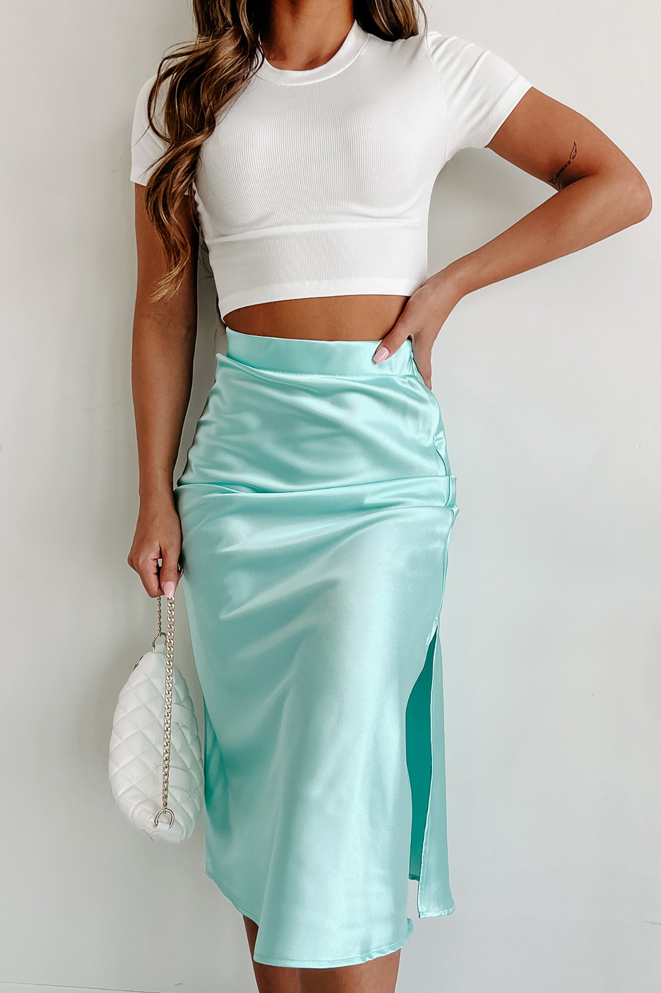 Mint silk outlet midi skirt