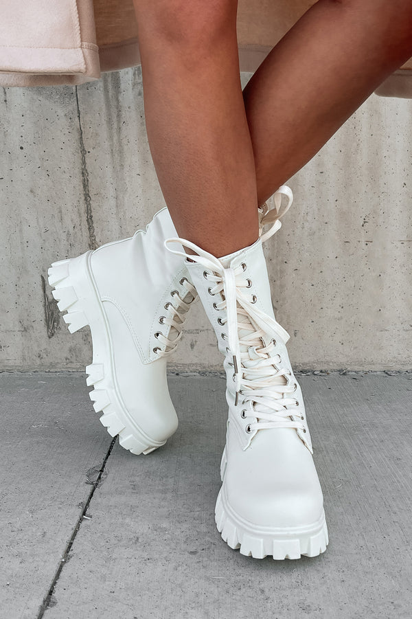 Doorbuster Get A Move On Lace-Up Combat Boots (White) - NanaMacs