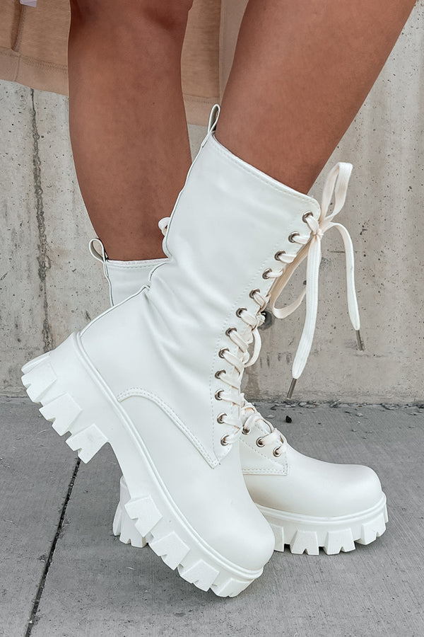 Doorbuster Get A Move On Lace-Up Combat Boots (White) - NanaMacs