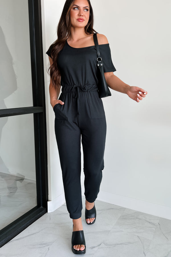 Stroll Through Town Short Sleeve Jumpsuit (Black) - NanaMacs