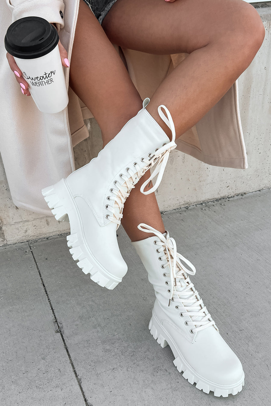 Doorbuster Get A Move On Lace-Up Combat Boots (White) - NanaMacs