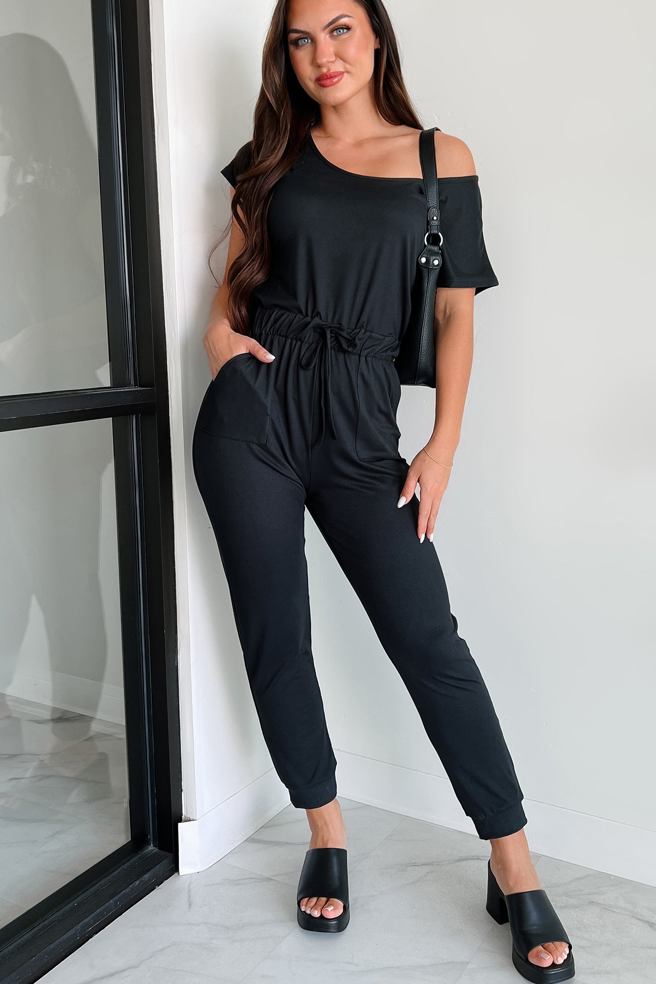 Stroll Through Town Short Sleeve Jumpsuit (Black) - NanaMacs