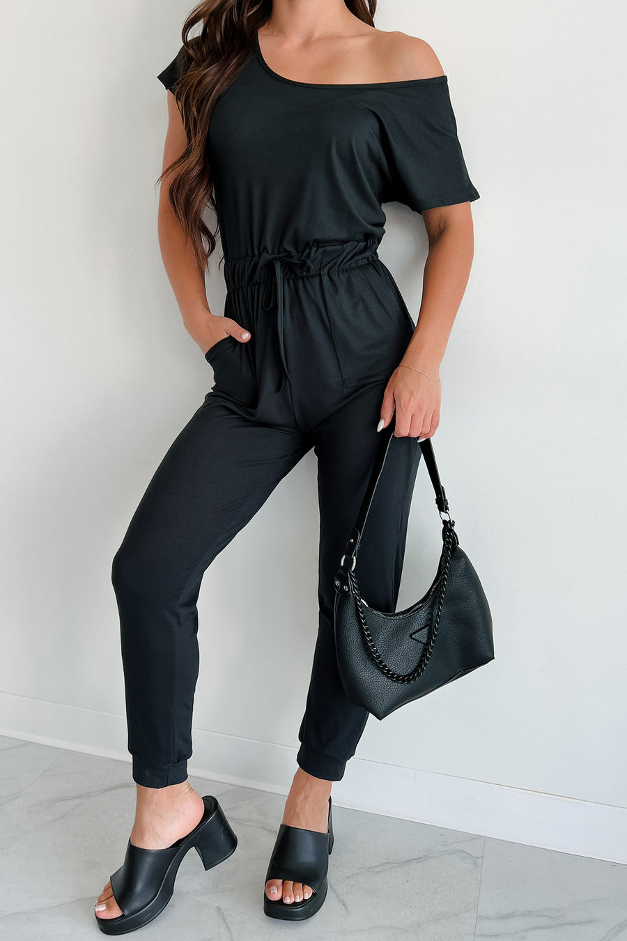 Stroll Through Town Short Sleeve Jumpsuit (Black) - NanaMacs