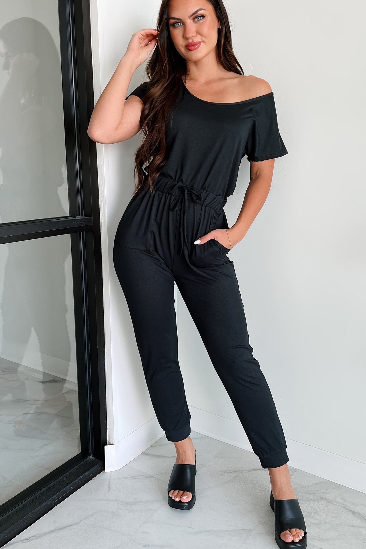 Stroll Through Town Short Sleeve Jumpsuit (Black) - NanaMacs