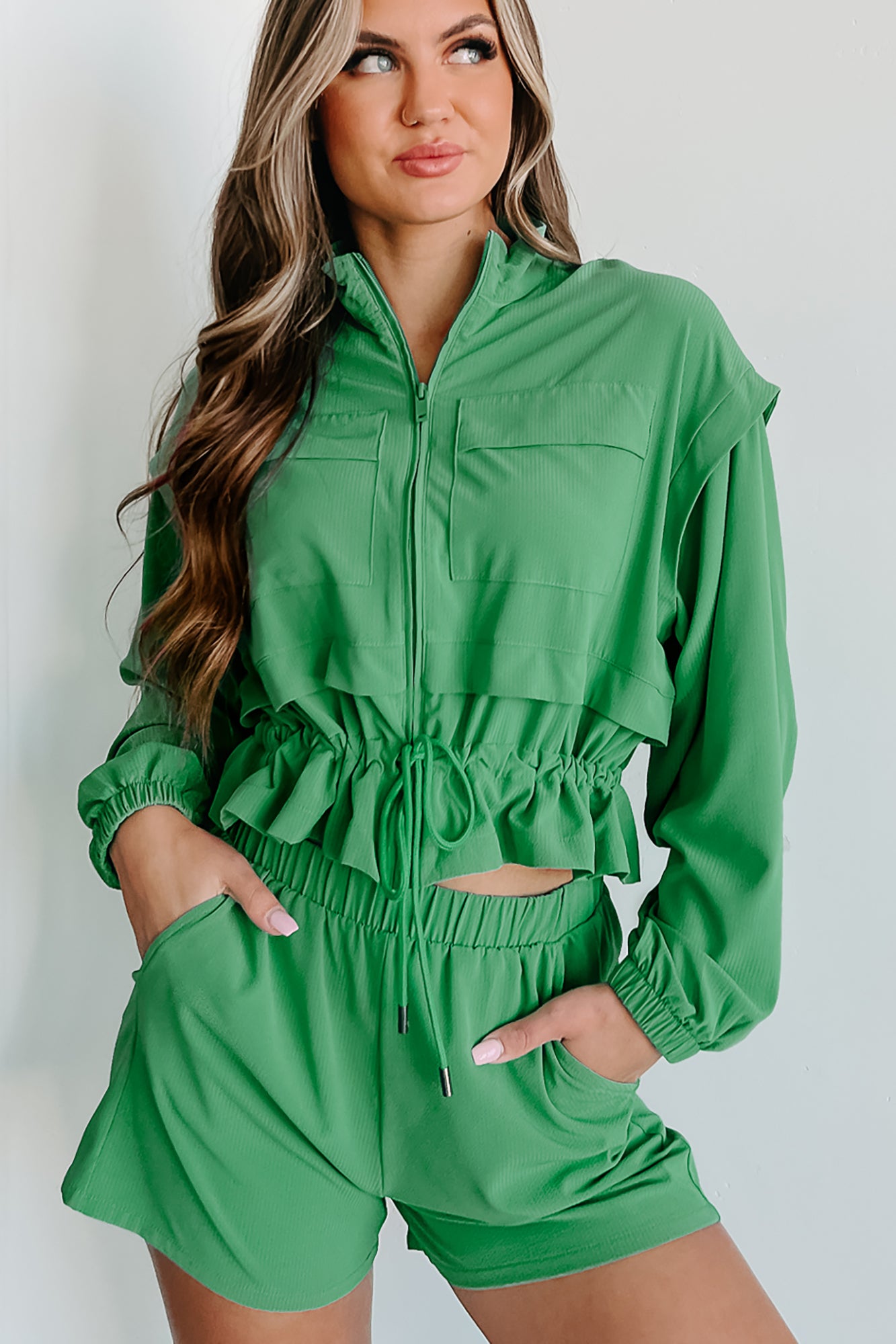 Bettering Myself Textured Woven Jacket & Shorts Active Set (Green) - NanaMacs