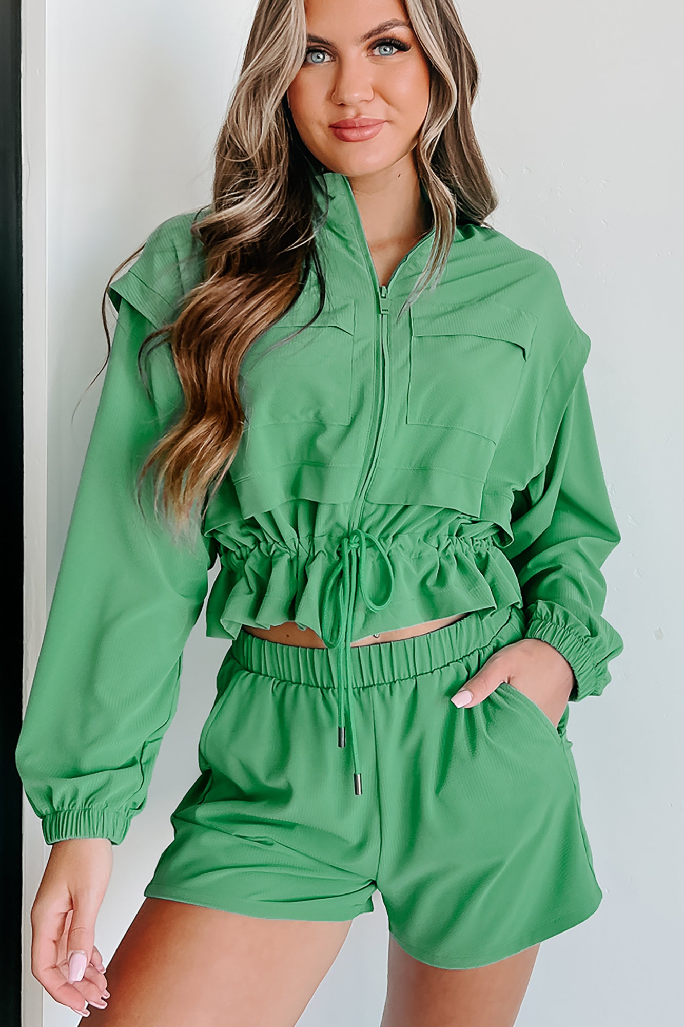 Bettering Myself Textured Woven Jacket & Shorts Active Set (Green) - NanaMacs