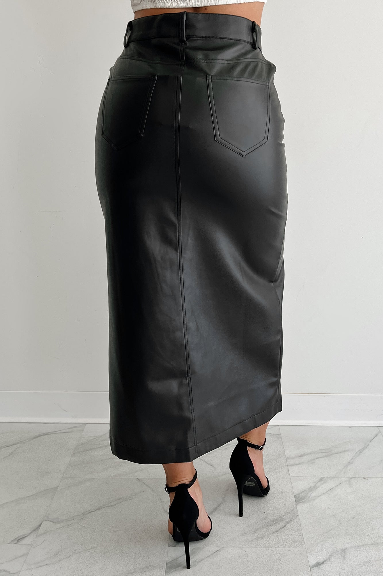 Back In Black Faux Leather Front Slit Midi Skirt (Black) - NanaMacs