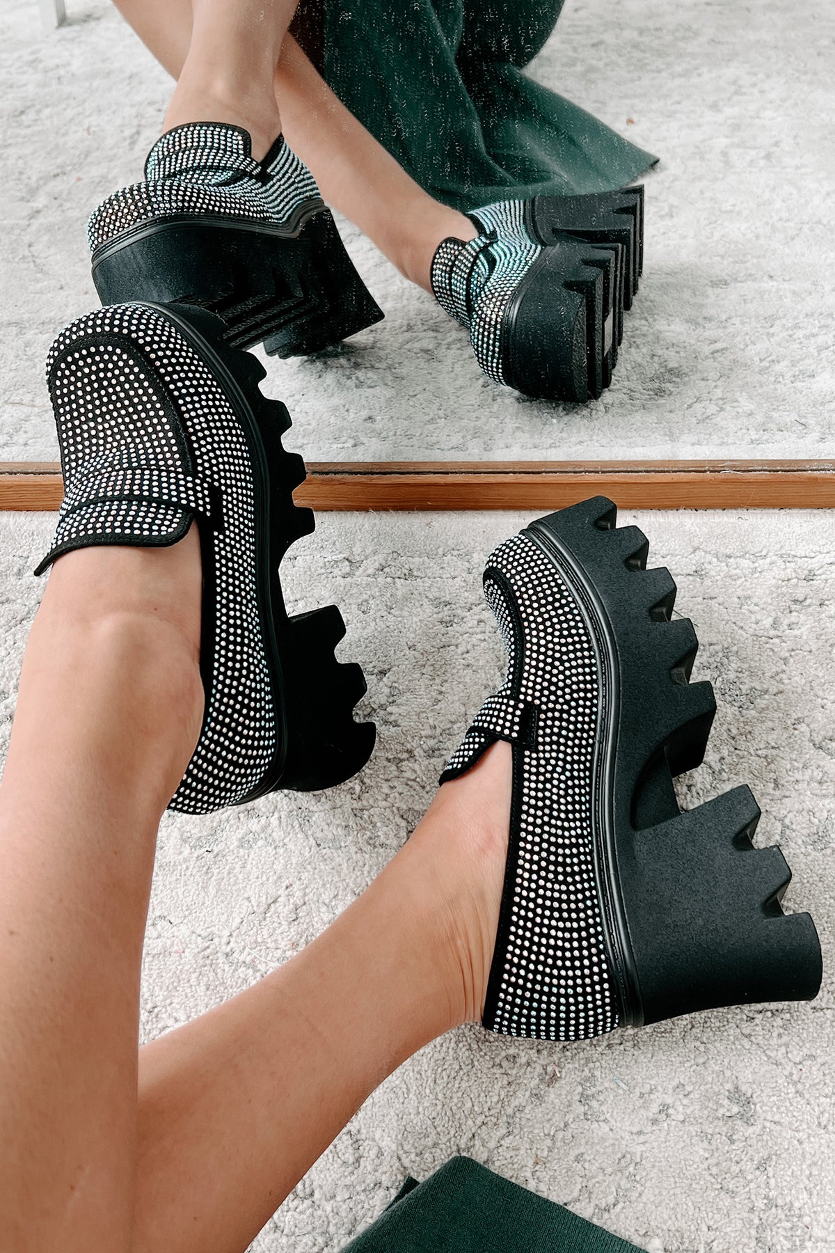Rhinestone Decor Platform Loafers