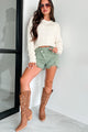 Cecile High Rise Cross-Waist Denim Risen Shorts (Olive) - NanaMacs