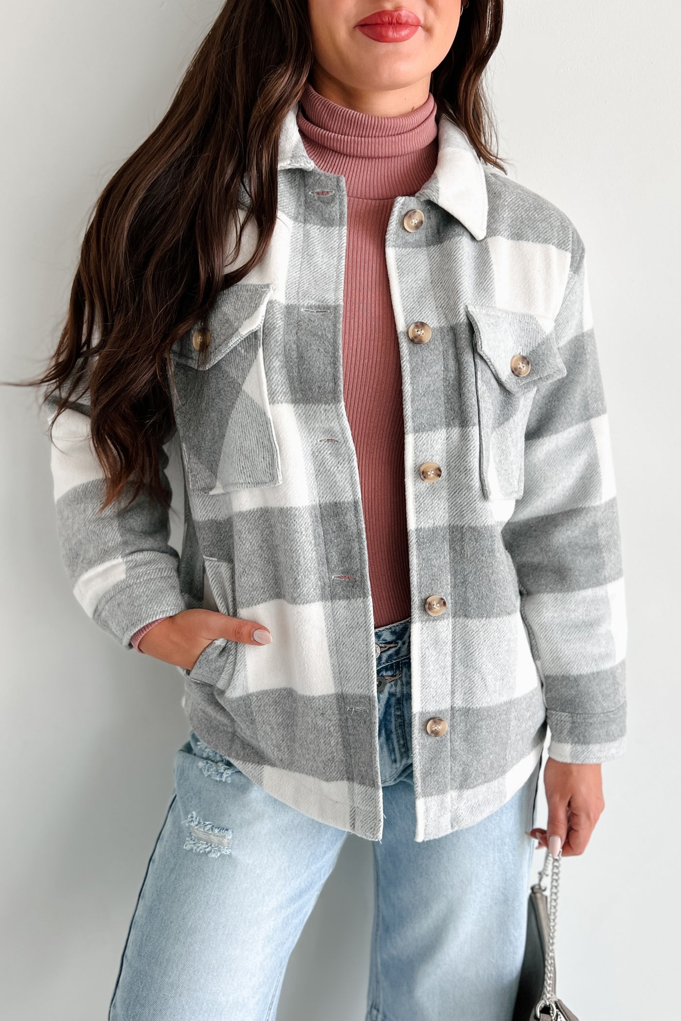 You Autumn Know Sherpa Lined Plaid Jacket (Grey) - NanaMacs