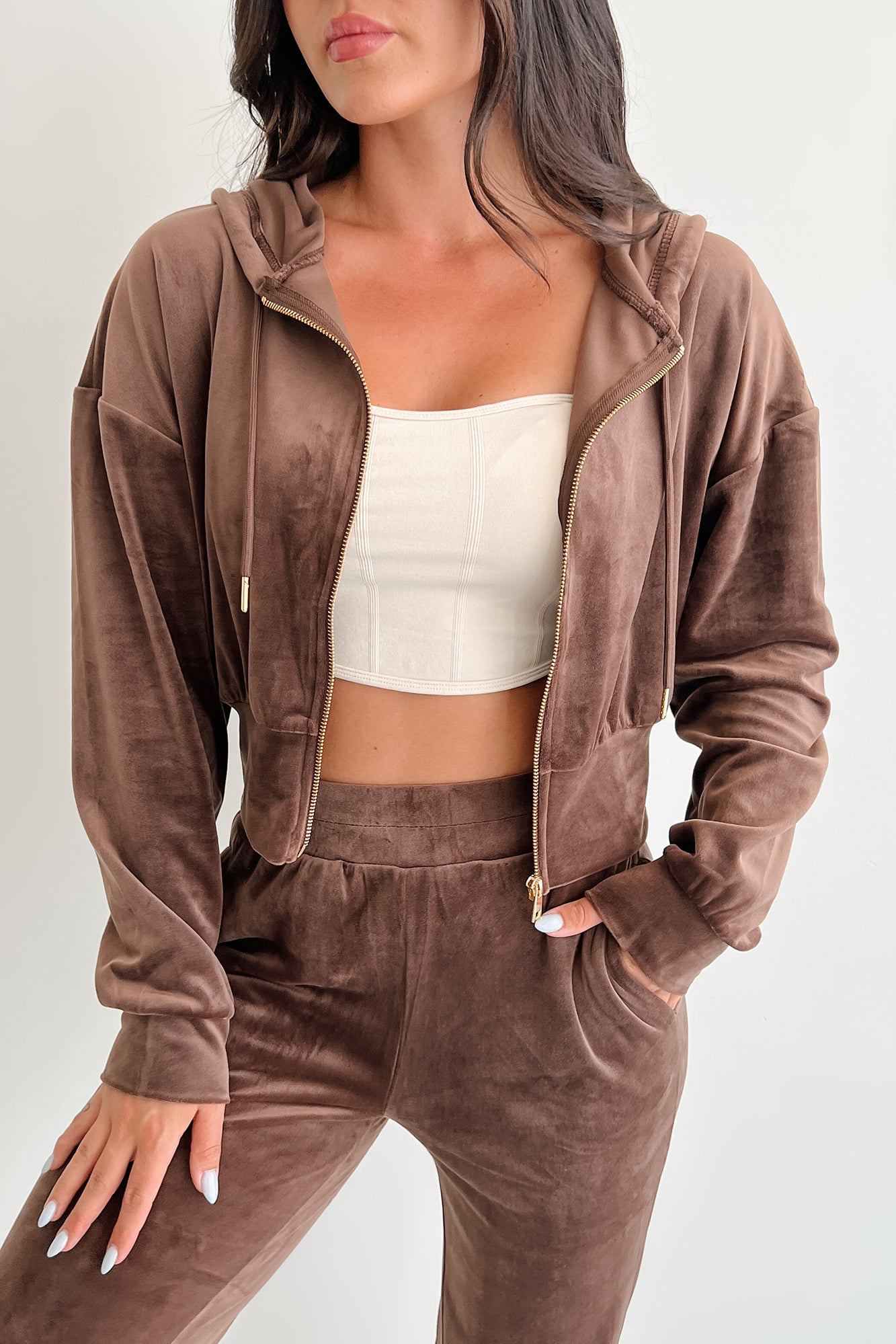 Up And Running Zenana Velvet Two Piece Set (Brown) - NanaMacs