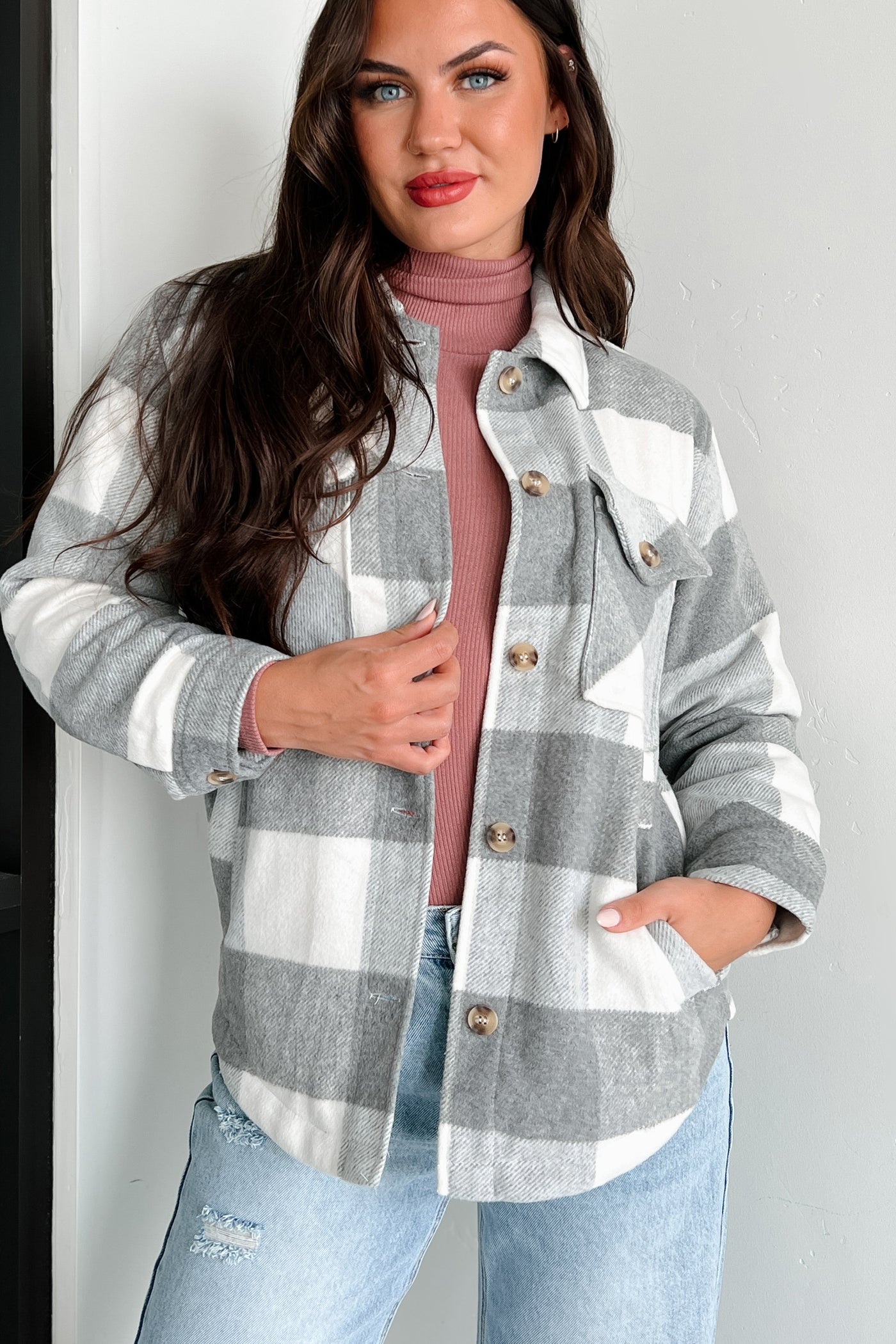 You Autumn Know Sherpa Lined Plaid Jacket (Grey) - NanaMacs