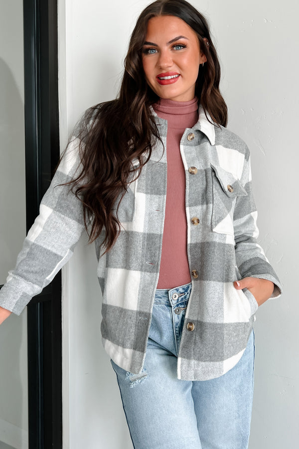 You Autumn Know Sherpa Lined Plaid Jacket (Grey) - NanaMacs