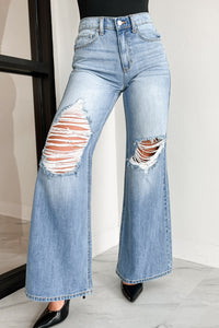 Kyra High Rise Distressed Wide Leg Sneak Peek Jeans (Medium Light) - NanaMacs