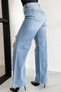 Kyra High Rise Distressed Wide Leg Sneak Peek Jeans (Medium Light) - NanaMacs