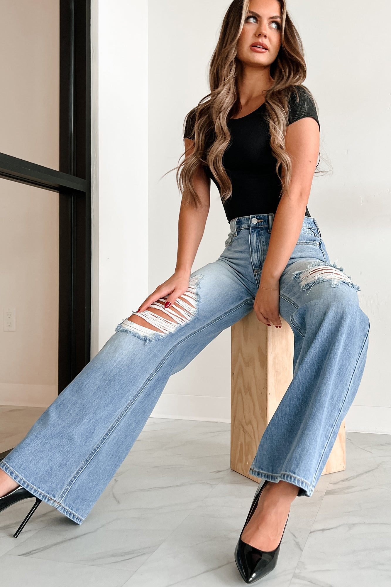 Kyra High Rise Distressed Wide Leg Sneak Peek Jeans (Medium Light) - NanaMacs