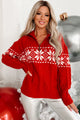 Cold As Ice Cable Knit Half-Zip Snowflake Sweater (Red) - NanaMacs
