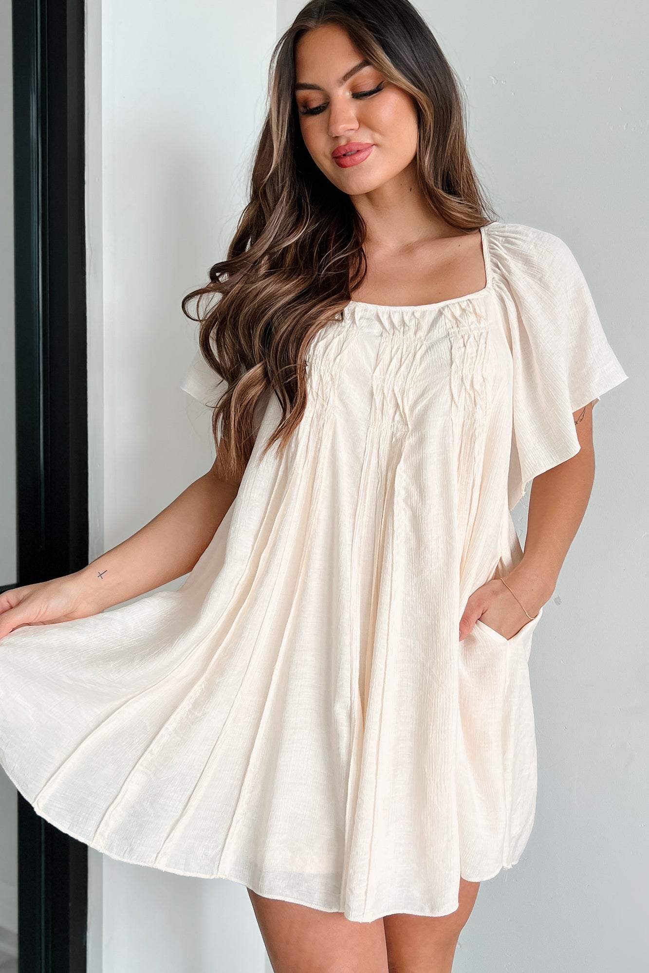 My Summer Canvas Square Neck Babydoll Dress (Cream) - NanaMacs