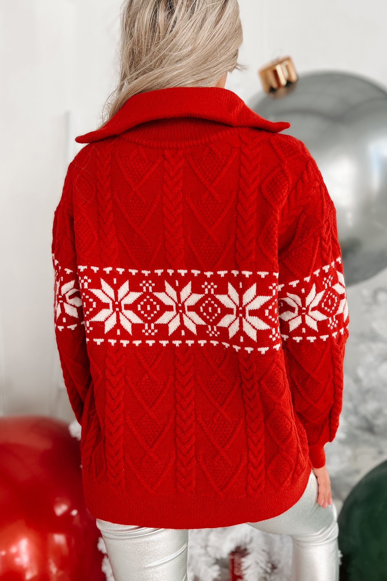 Cold As Ice Cable Knit Half-Zip Snowflake Sweater (Red)