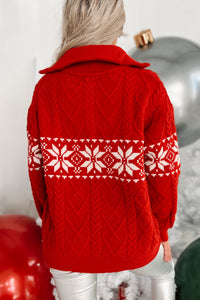 Cold As Ice Cable Knit Half-Zip Snowflake Sweater (Red) - NanaMacs